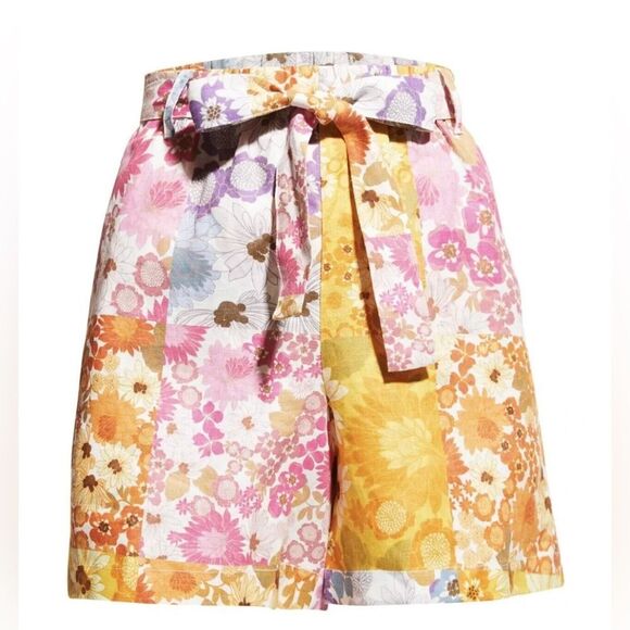 JOHNNY WAS Sherrie Linen Easy Short Elastic Waist Tie Floral patchwork NWT L - Picture 1 of 7